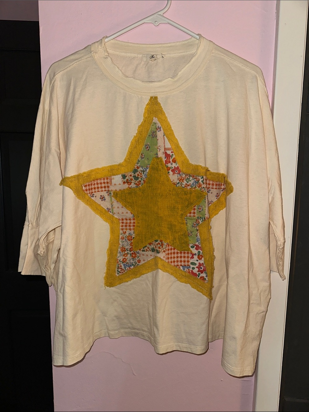 Cream Long-Sleeve Top with Yellow Star Applique
